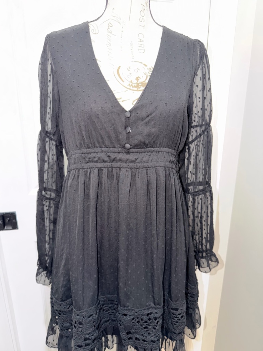 Frille Rose Black Long-Sleeve V-Neck Swiss Dot A-Line Dress - Picture 7 of 12
